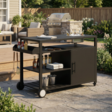 Black outdoor kitchen island cart with side shelf, storage cabinet, sink, and wheels