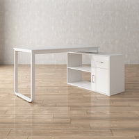 White office desk with a shelf and drawer on a wooden floor.