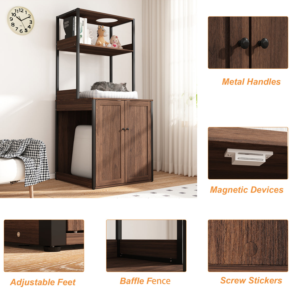 30.8 inches Walnut Wood‑Grain Cat Litter Box Enclosure with Multi‑Level Cat Perch and Storage Shelves