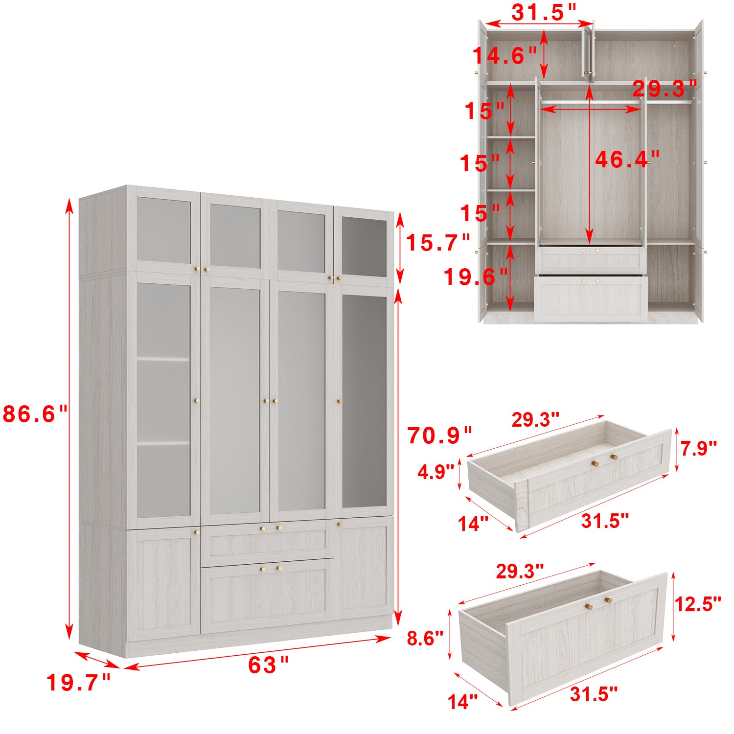 Modern Scandinavian Wardrobe With Frosted Glass Doors And Brass Accents – Spacious Storage Solution With Adjustable Shelves And Drawers