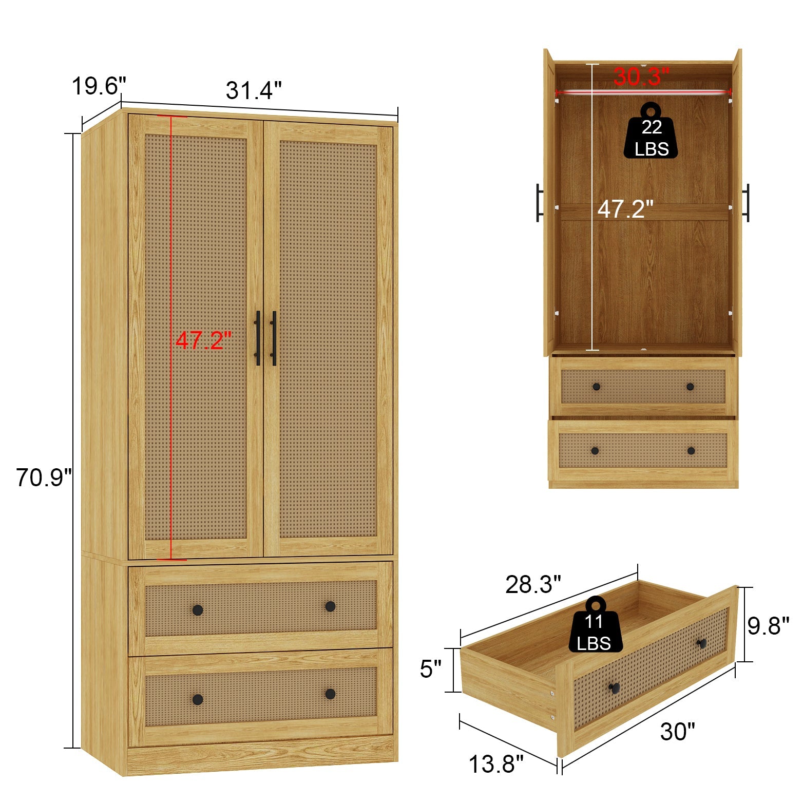 Wooden Wardrobe Armoire with 2 Doors 2 Drawers Bedroom Closet with Hanging Rod Storage Drawers