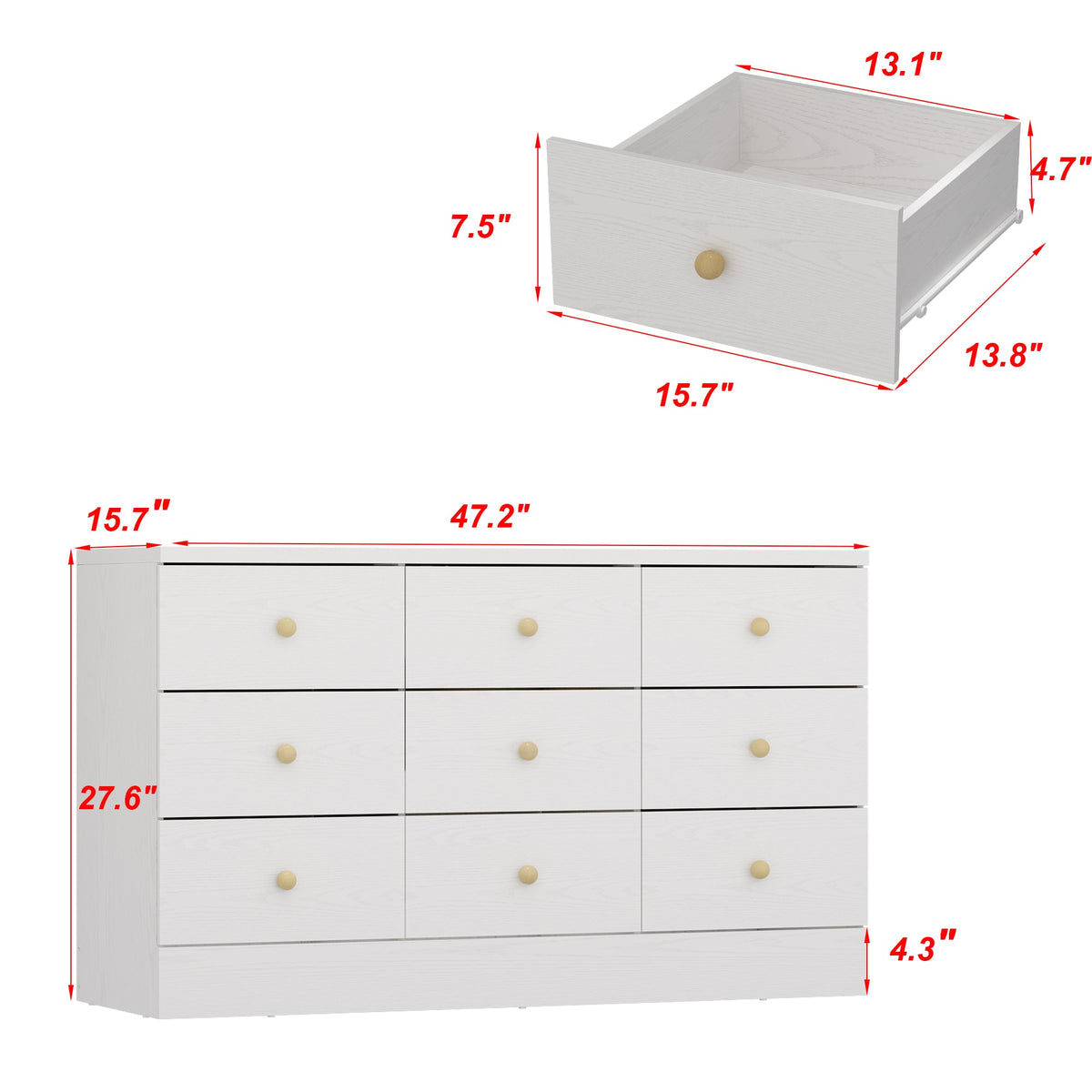 47.2" Modern White Dresser With 9 Pull-out Drawers