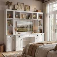 88.5" White 4-Piece Modular Entertainment Wall Unit with Writing Desk, Open Bookcase Shelves & Closed Storage Cabinets