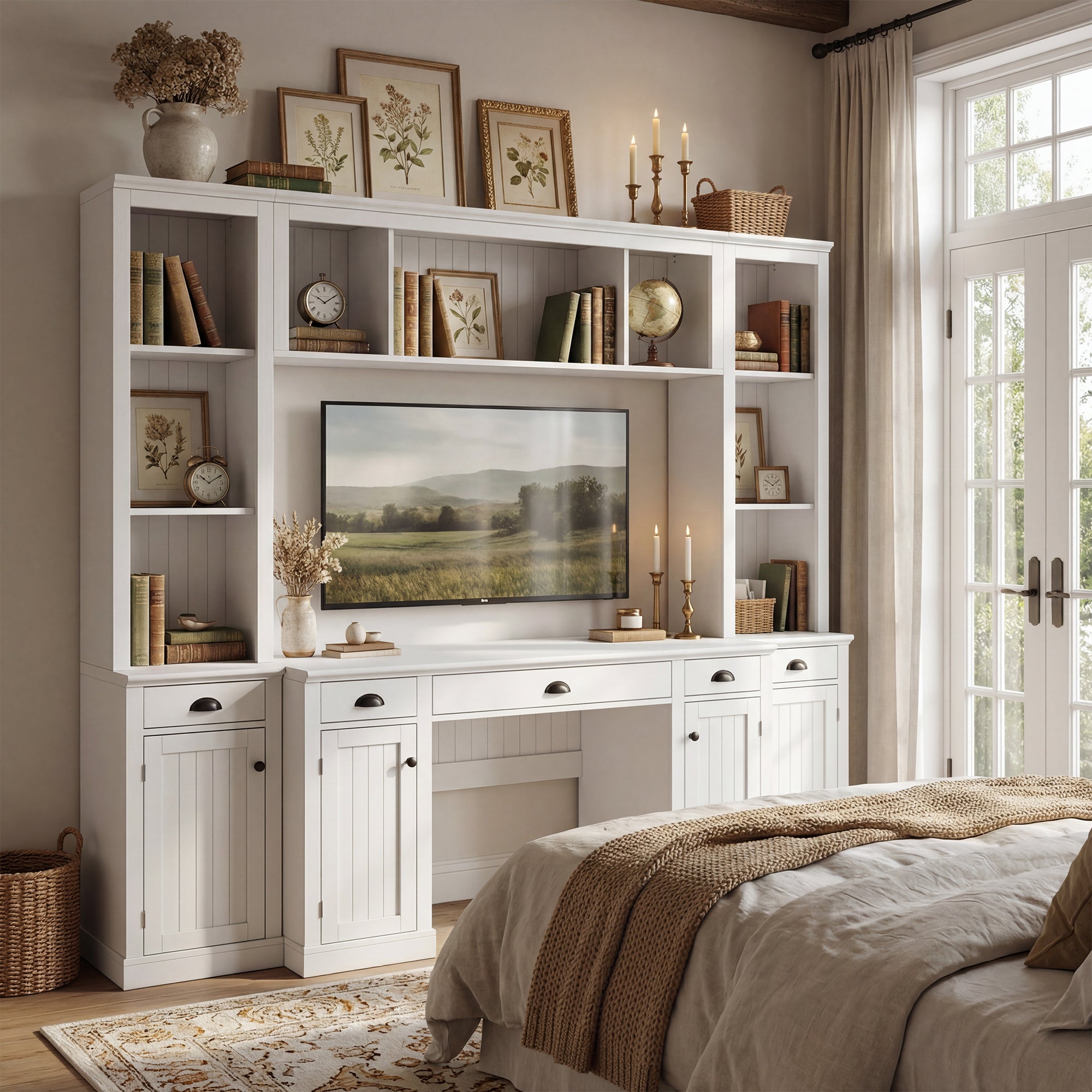 88.5 inches White 4-Piece Modular Entertainment Wall Unit with Writing Desk, Open Bookcase Shelves & Closed Storage Cabinets