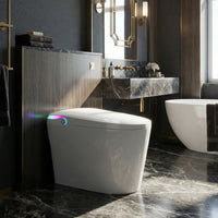 White smart toilet in a modern bathroom with side control knob and ambient light