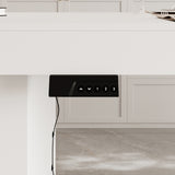 Modern white kitchen island with height-adjustable top and storage cabinets