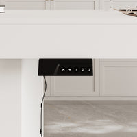Modern white kitchen island with height-adjustable top and storage cabinets