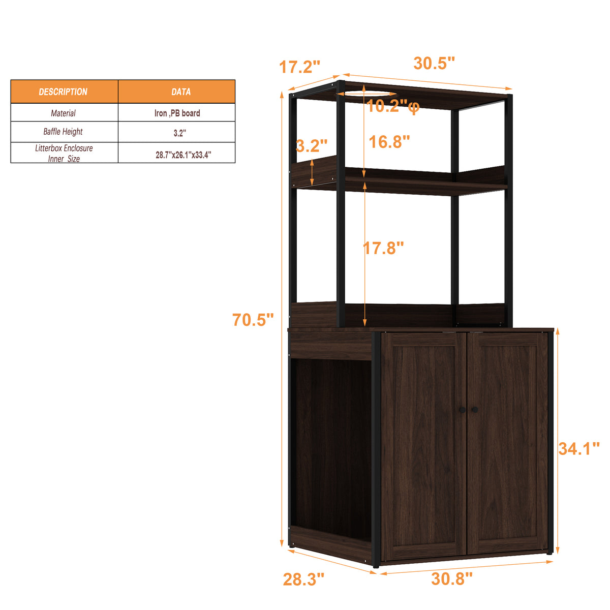 30.8 inches Walnut Wood‑Grain Cat Litter Box Enclosure with Multi‑Level Cat Perch and Storage Shelves