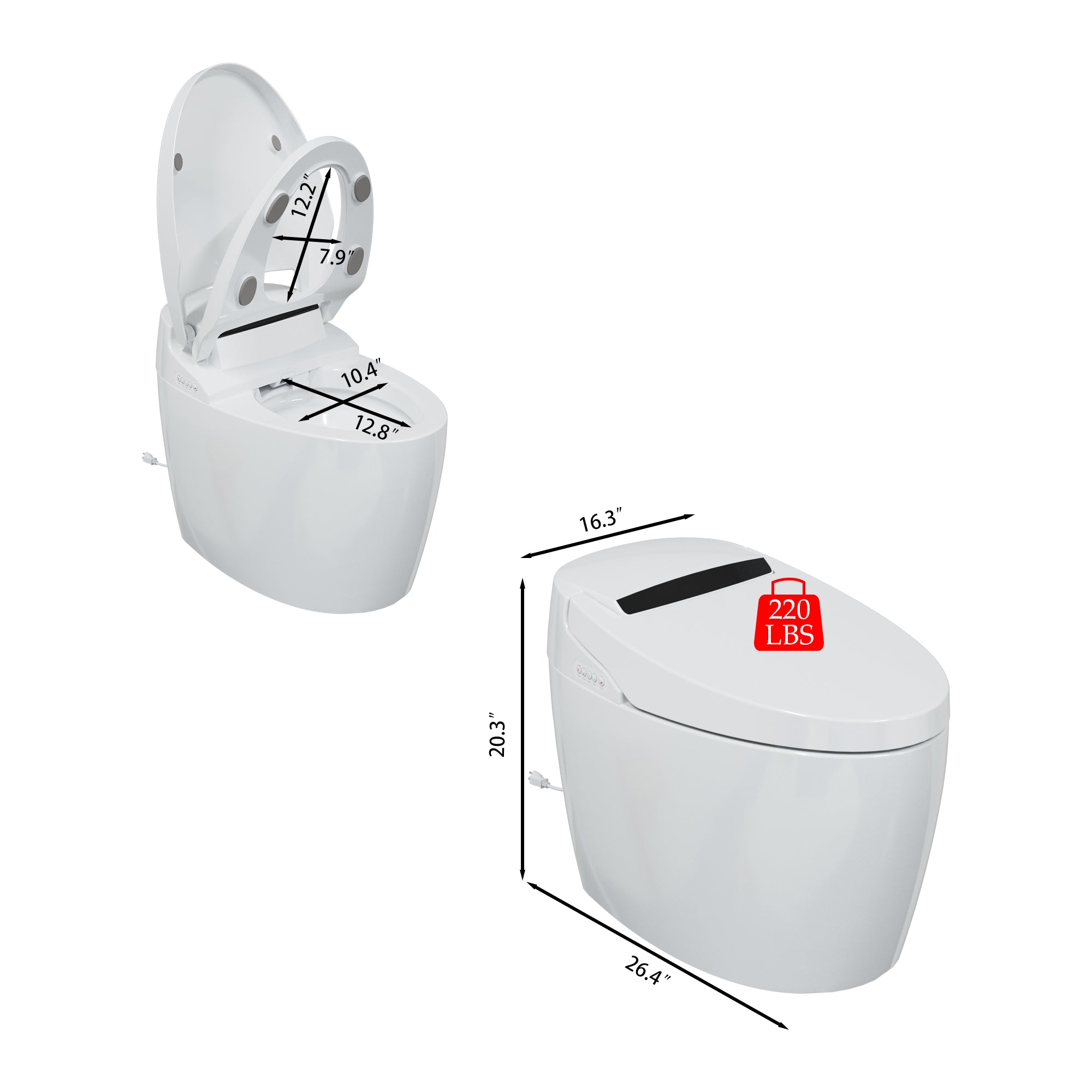 White smart toilet with closed lid, digital display, and built-in bidet