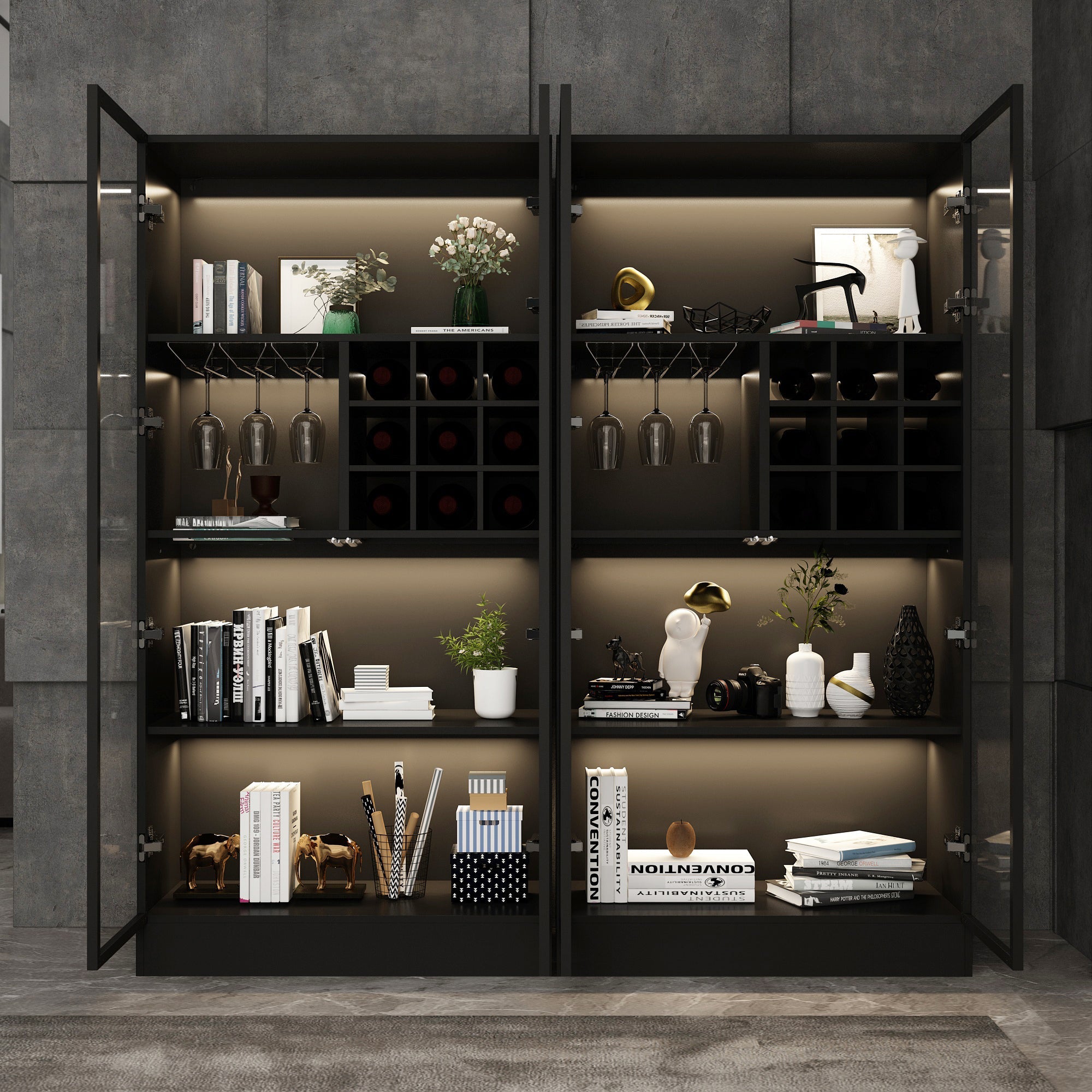 Display Cabinet Bookcase with Lights and Glass Doors