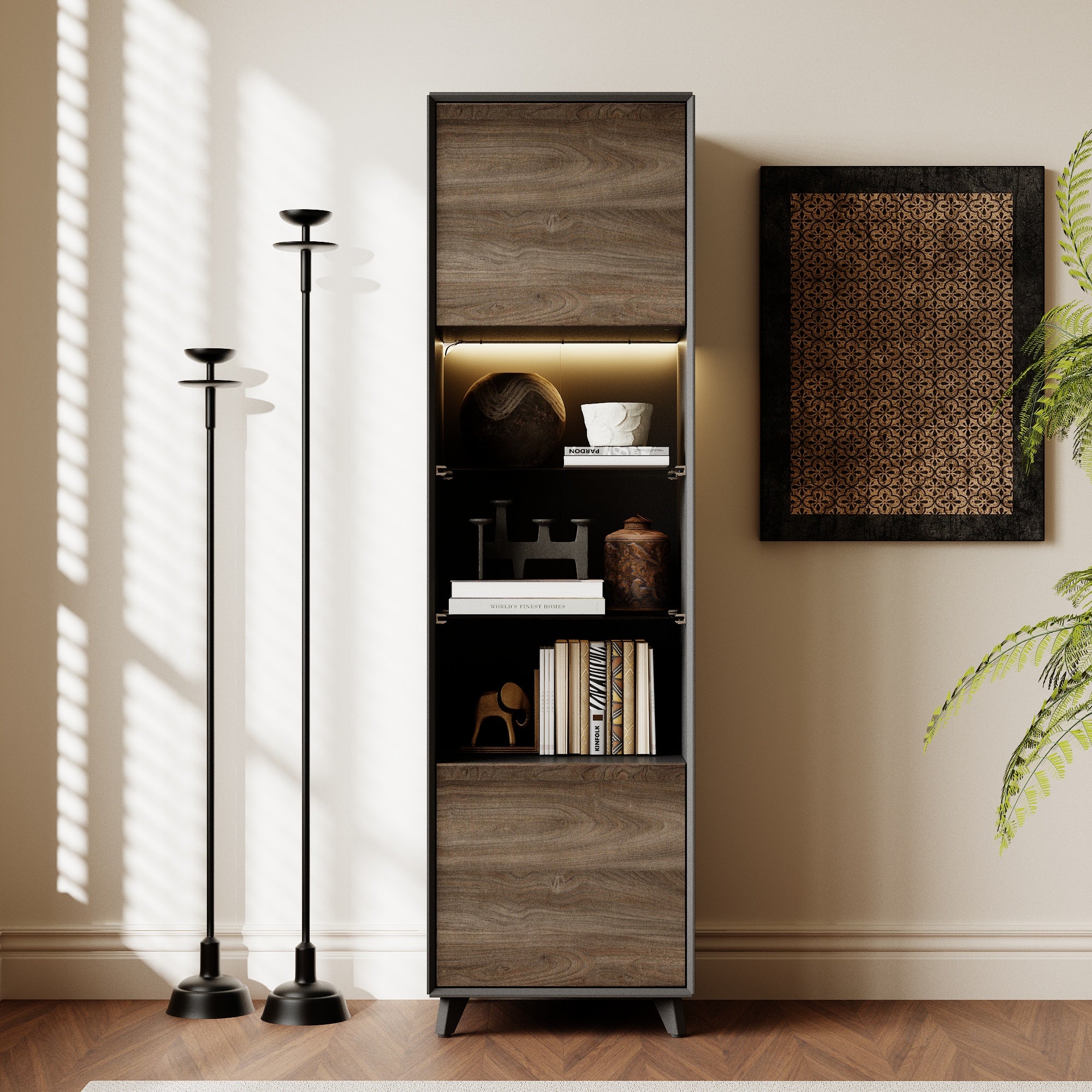 18.5" Modern Brown Tall Bookcase with 3-Color LED Lights and Glass Shelves