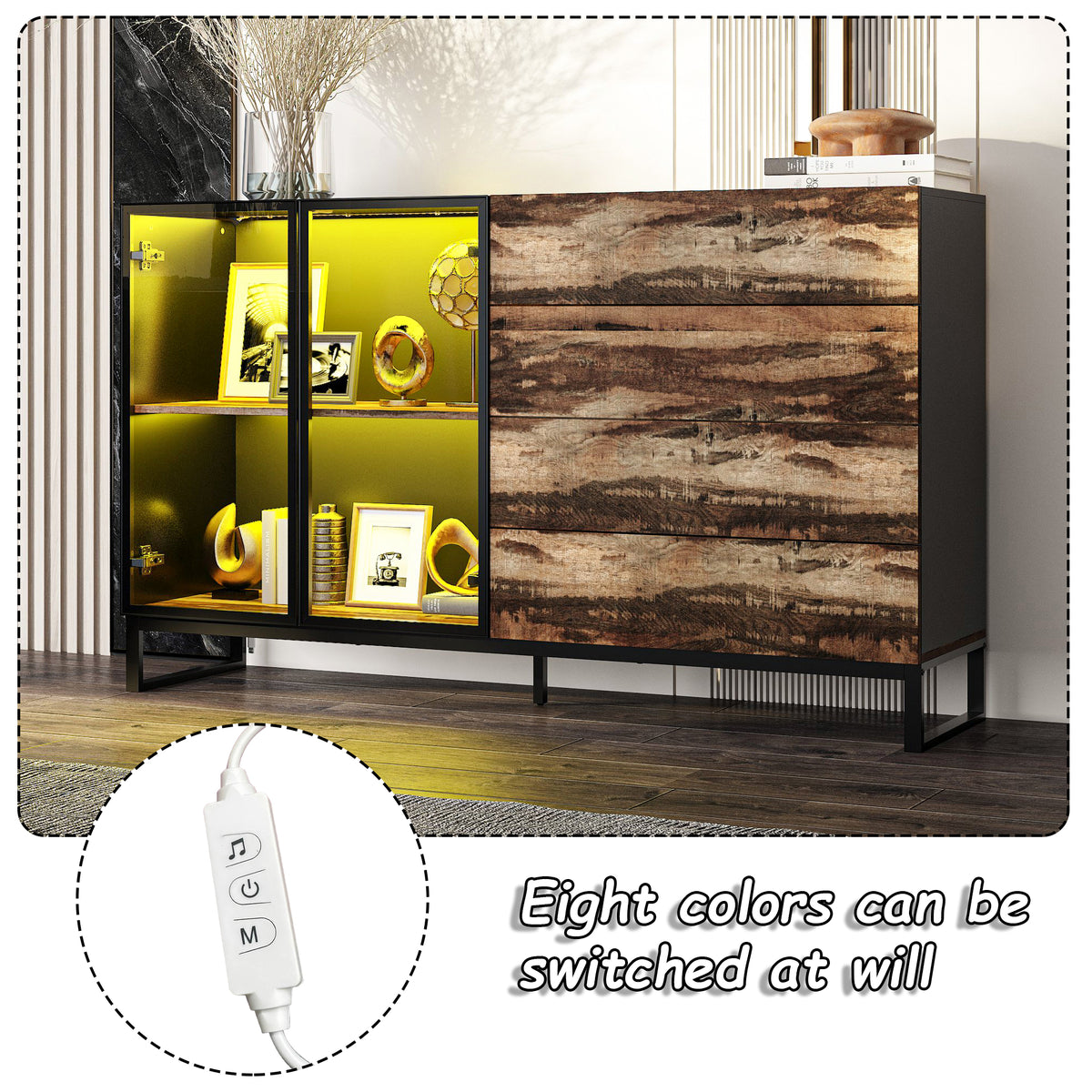 63" Modern Black & Brown Sideboard Buffet Cabinet with LED Lights & 4 Drawers
