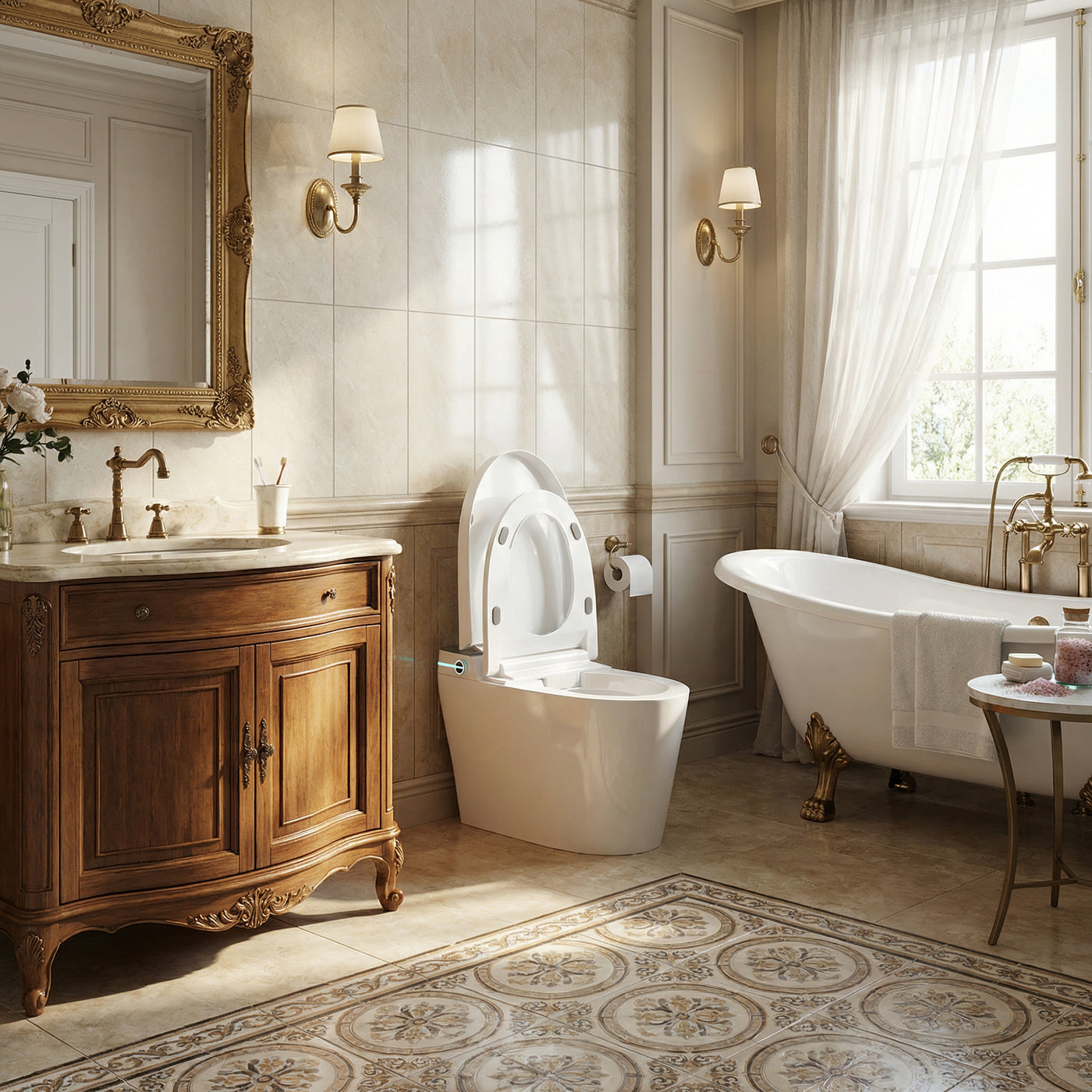 White smart toilet with compact one-piece design and side control knob