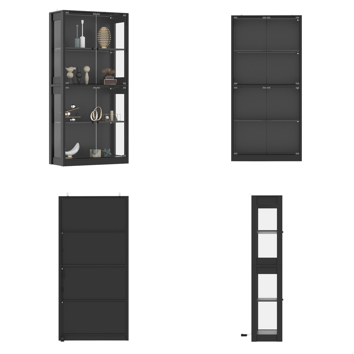 Set of black display cabinets with glass panels on a white background
