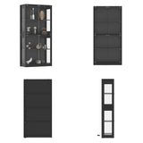 Set of black display cabinets with glass panels on a white background