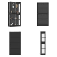 Set of black display cabinets with glass panels on a white background