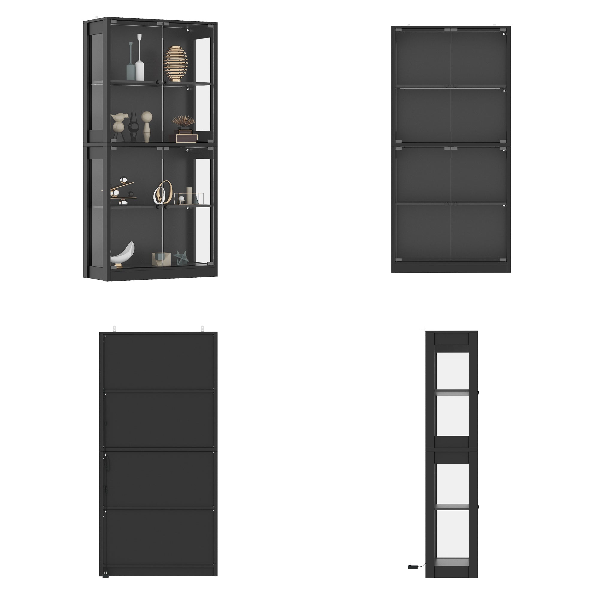 Set of black display cabinets with glass panels on a white background