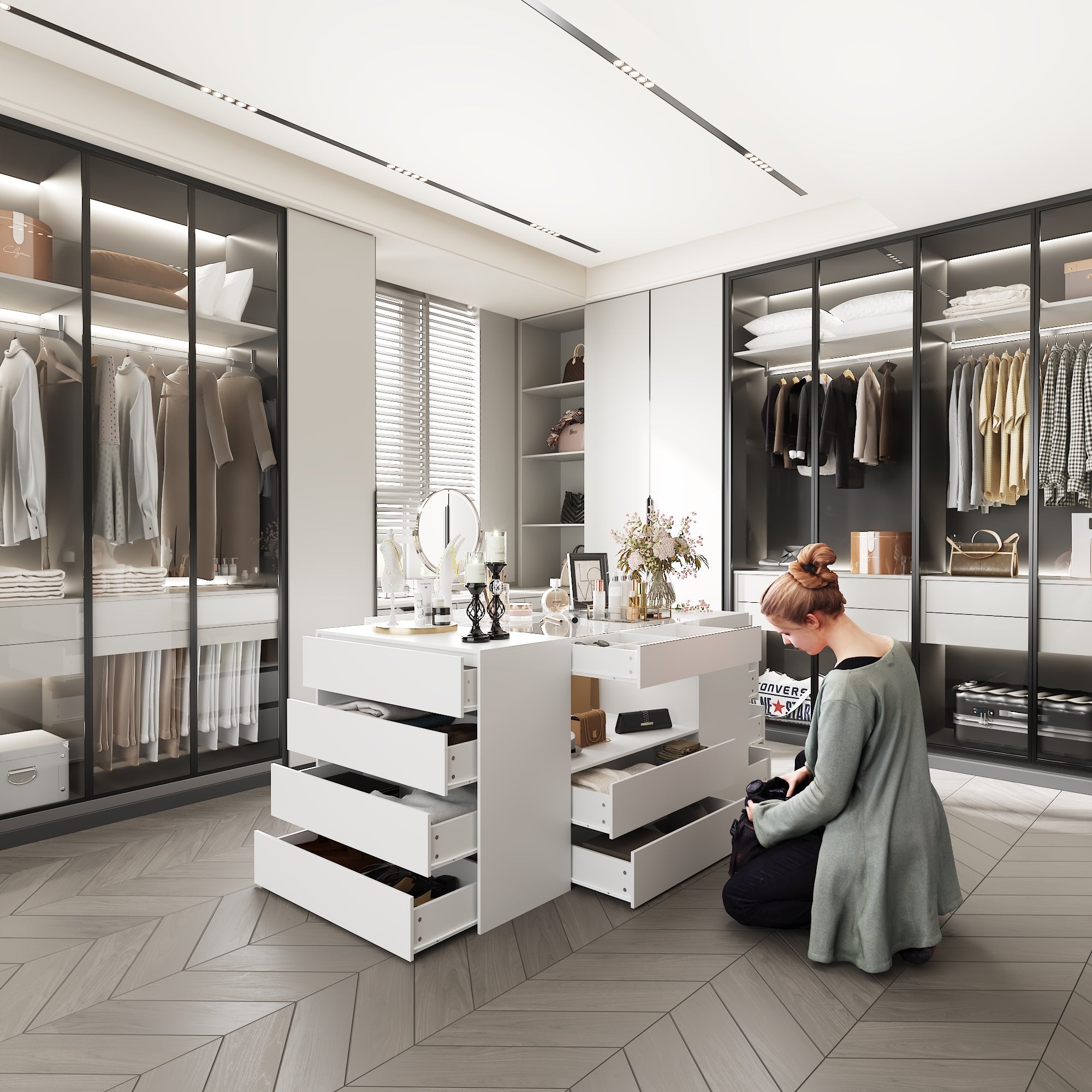 14-Drawer 1-Shelf Chest With Graceful Design And Tempered Glass Top