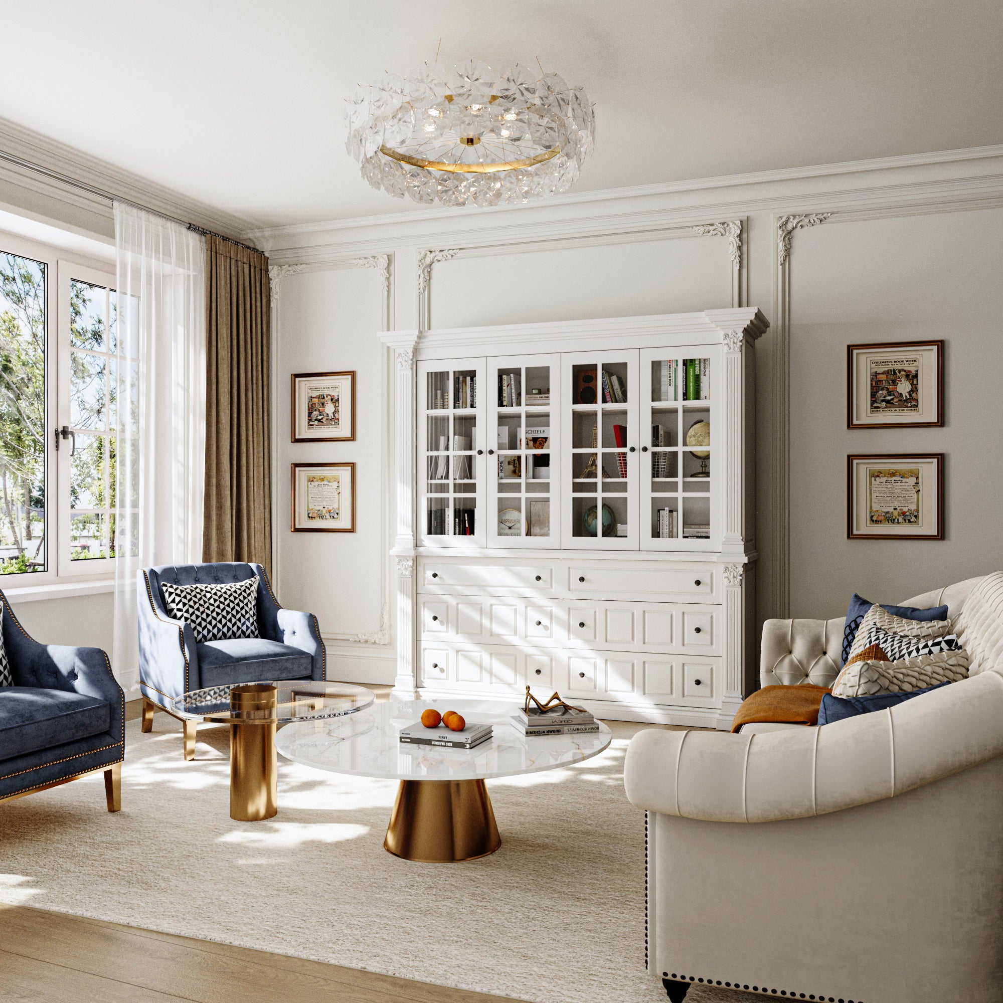 75'' 6-Drawer Symmetric Bookcase With Glass Doors