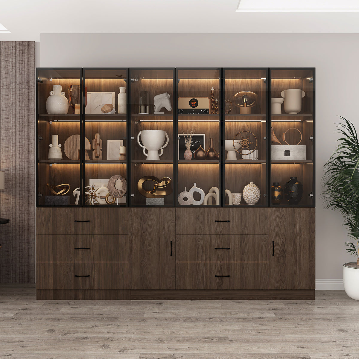 Geyma 94.4" Modern Brown Extra Wide Display Case with LED Lights & 6 Glass Doors