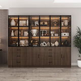 94.4 inch Modern Brown Extra Wide Display Case with LED Lights & 6 Glass Doors
