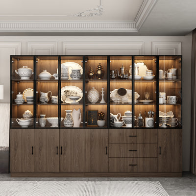 Geyma 110.2" Modern Glass Doors Display Case with LED Lights and Drawers