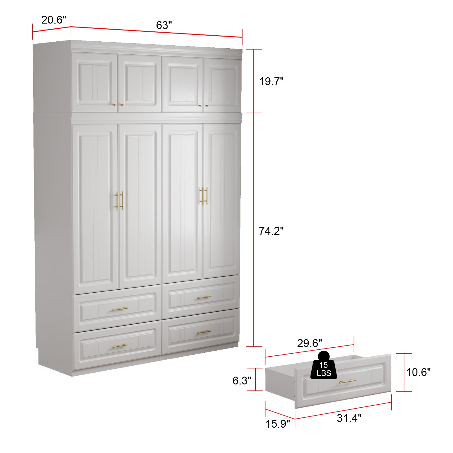 Family Cabinet Wardrobe Bedroom Armoire Home Closet 4 Doors and Drawers