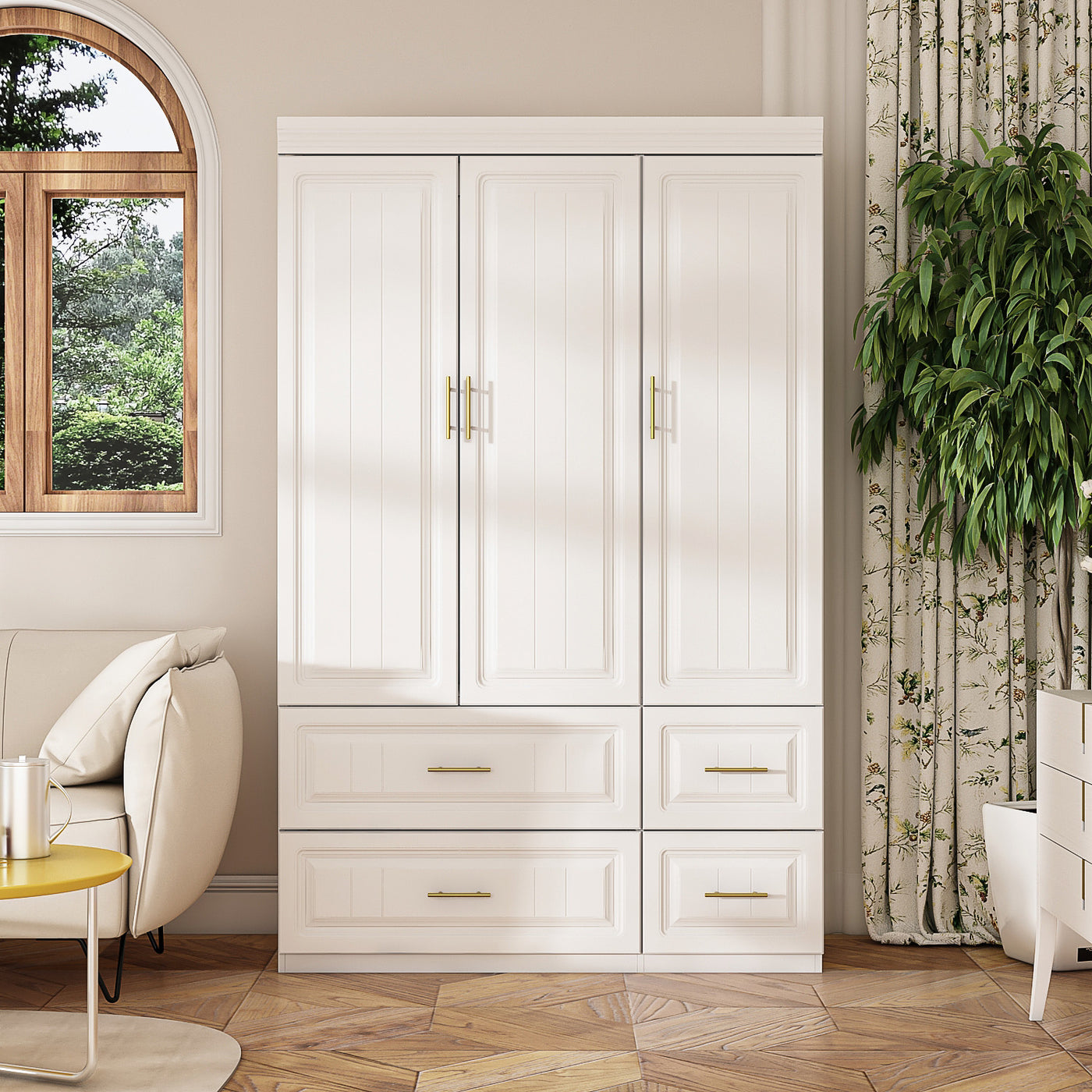 White wardrobe with gold handles in a modern bedroom setting