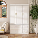 White wardrobe with gold handles in a modern bedroom setting