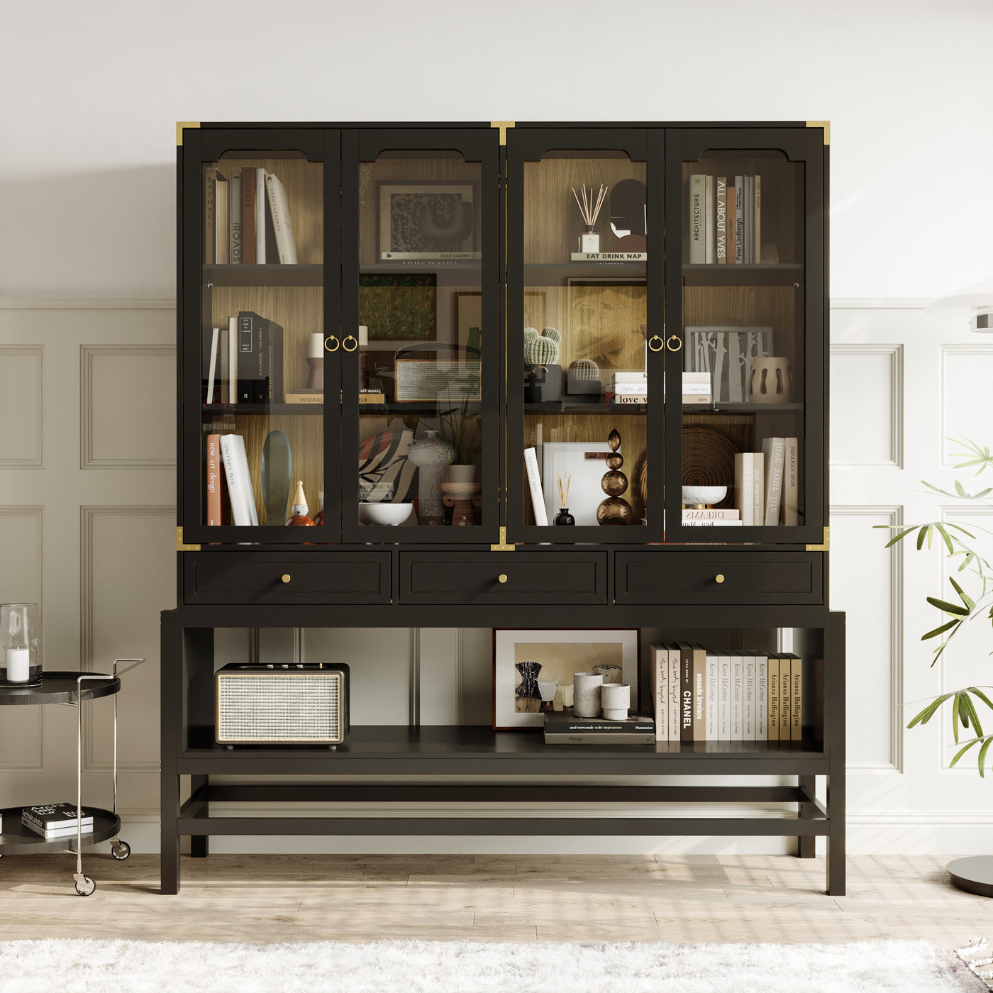 66" Modern Black Display Bookcase with Open Shelves, Glass Doors and 3 Drawers