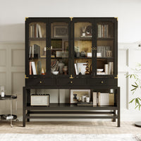 66" Modern Black Display Bookcase with Open Shelves, Glass Doors and 3 Drawers