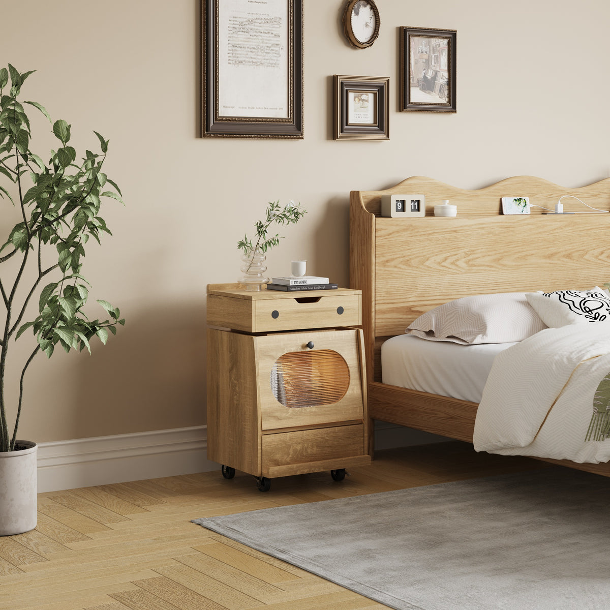 18.9" Creative Brown Nightstand with Robot Shape and Movable Wheels, view 4