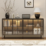 Modern glass cabinet with decorative items in a stylish room setting.