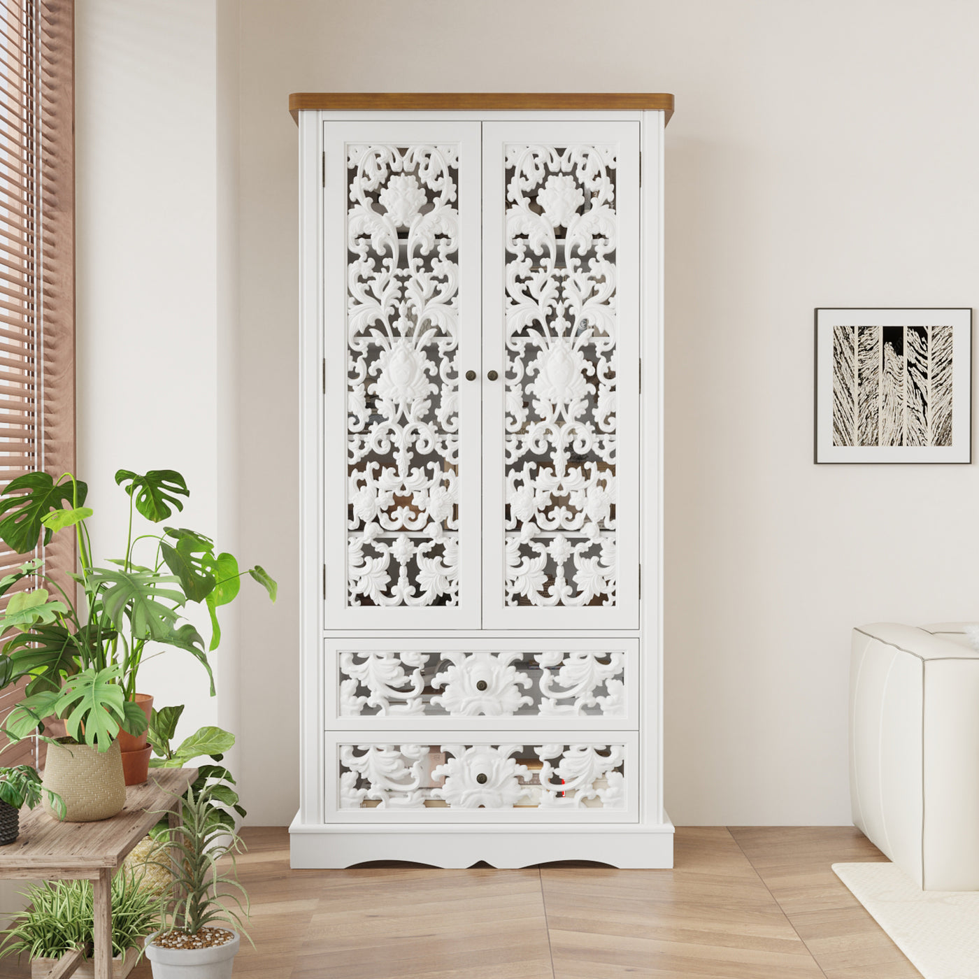 Dining room with a white ornate cabinet and wooden table