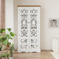 Dining room with a white ornate cabinet and wooden table