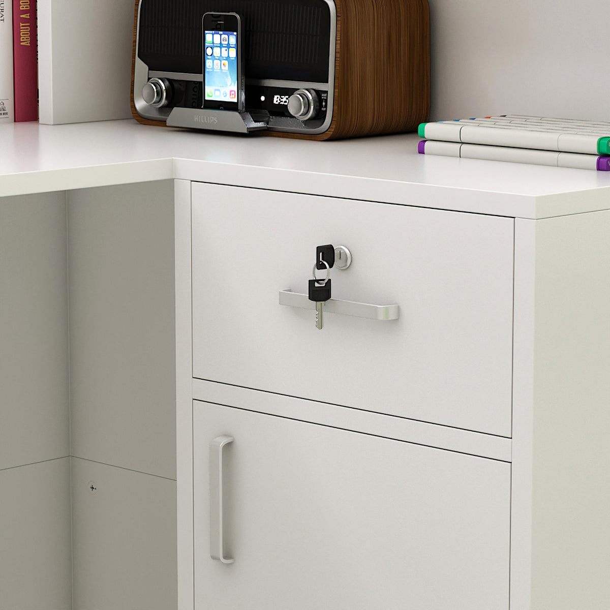 L-Shaped Reception Desk with Large Storage Filing Cabinets