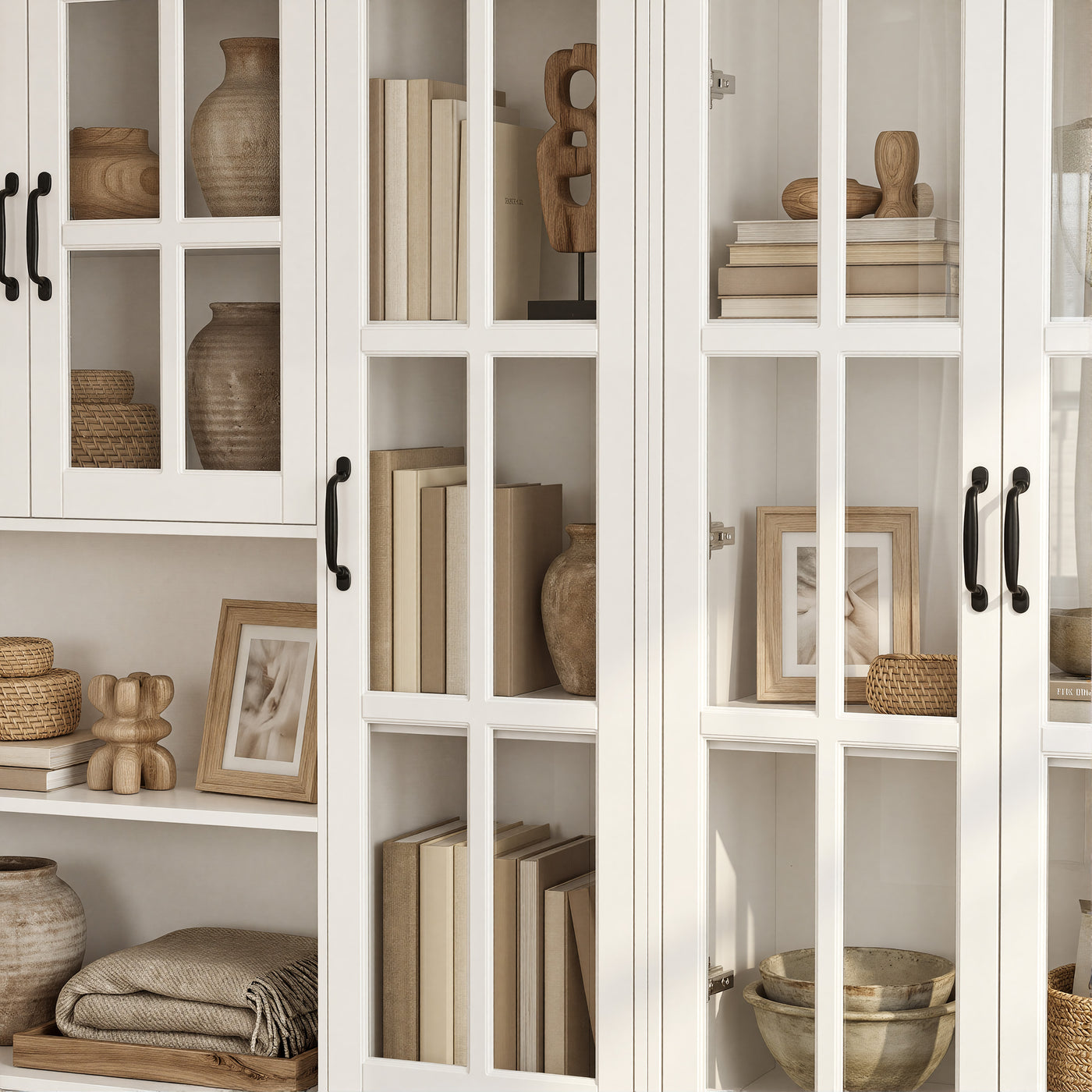 Sofna 110" Elegant Large White Standard Storage Bookcase with Glass Doors