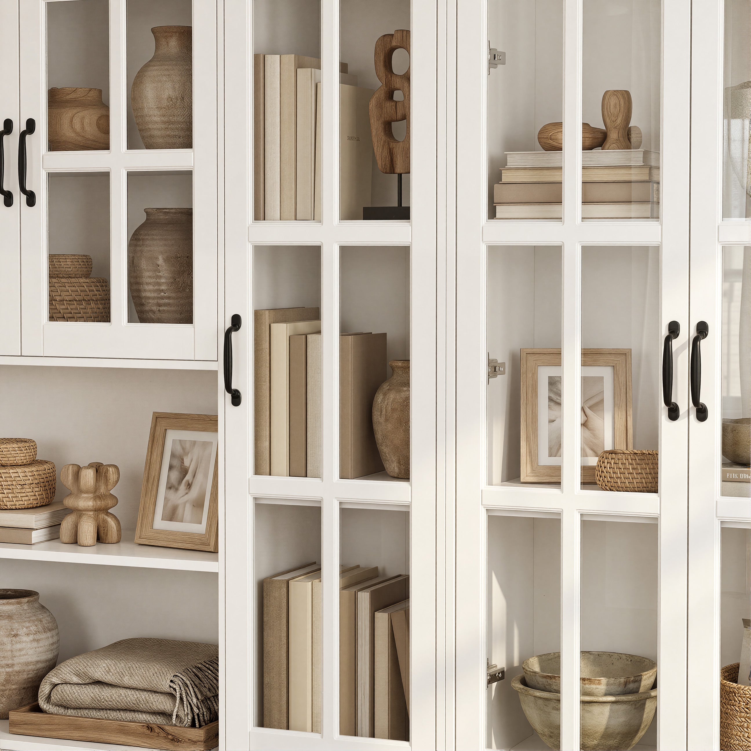 110 inch Elegant White Standard Storage Bookcase with Glass Doors and Shelves