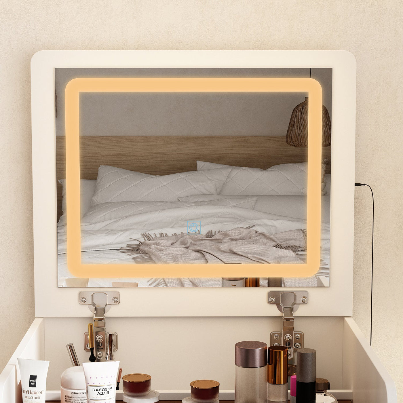 18.7" Modern White Makeup Vanity Desk with Lights and Flip Mirror