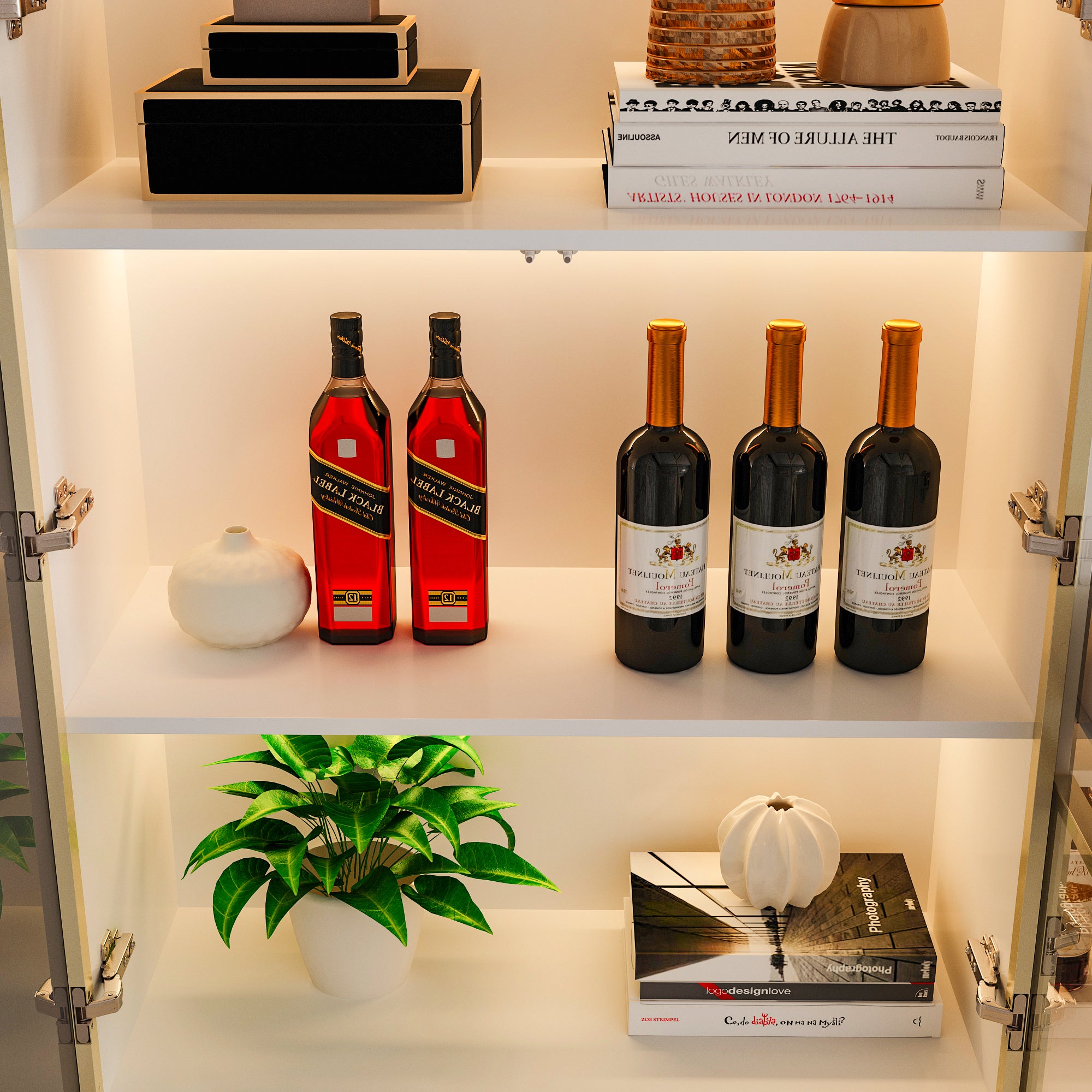 78.7'' H x 110 '' W Combination Bookcase Display Cabinet With Glass Doors & LED Lights