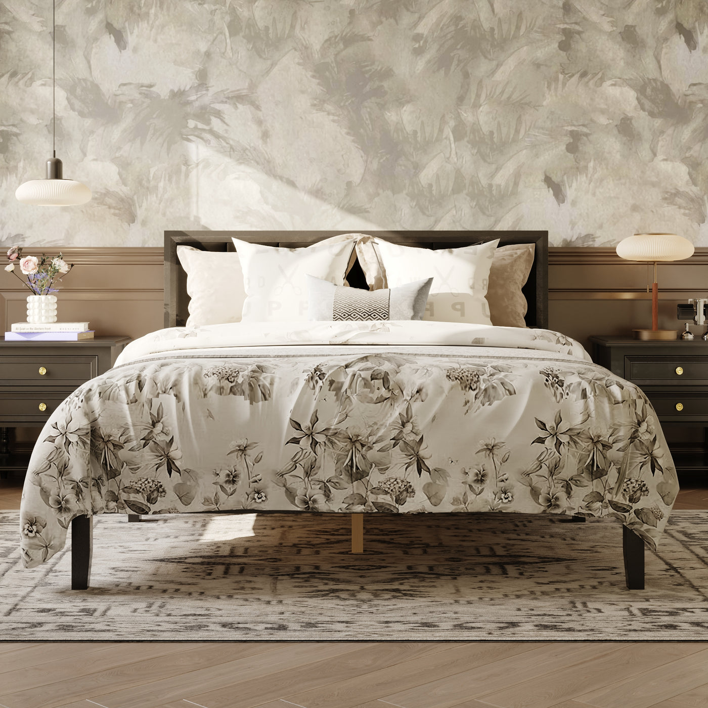 King-Size Modern Black Platform Bed with Linen Upholstered Headboard
