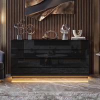 63" Modern White/Black 8 Drawer Double Dresser with High Gloss Drawers, Dual Chest Light