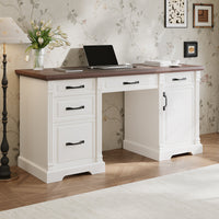 59" Traditional Walnut & White Computer Desk with 5 Drawers