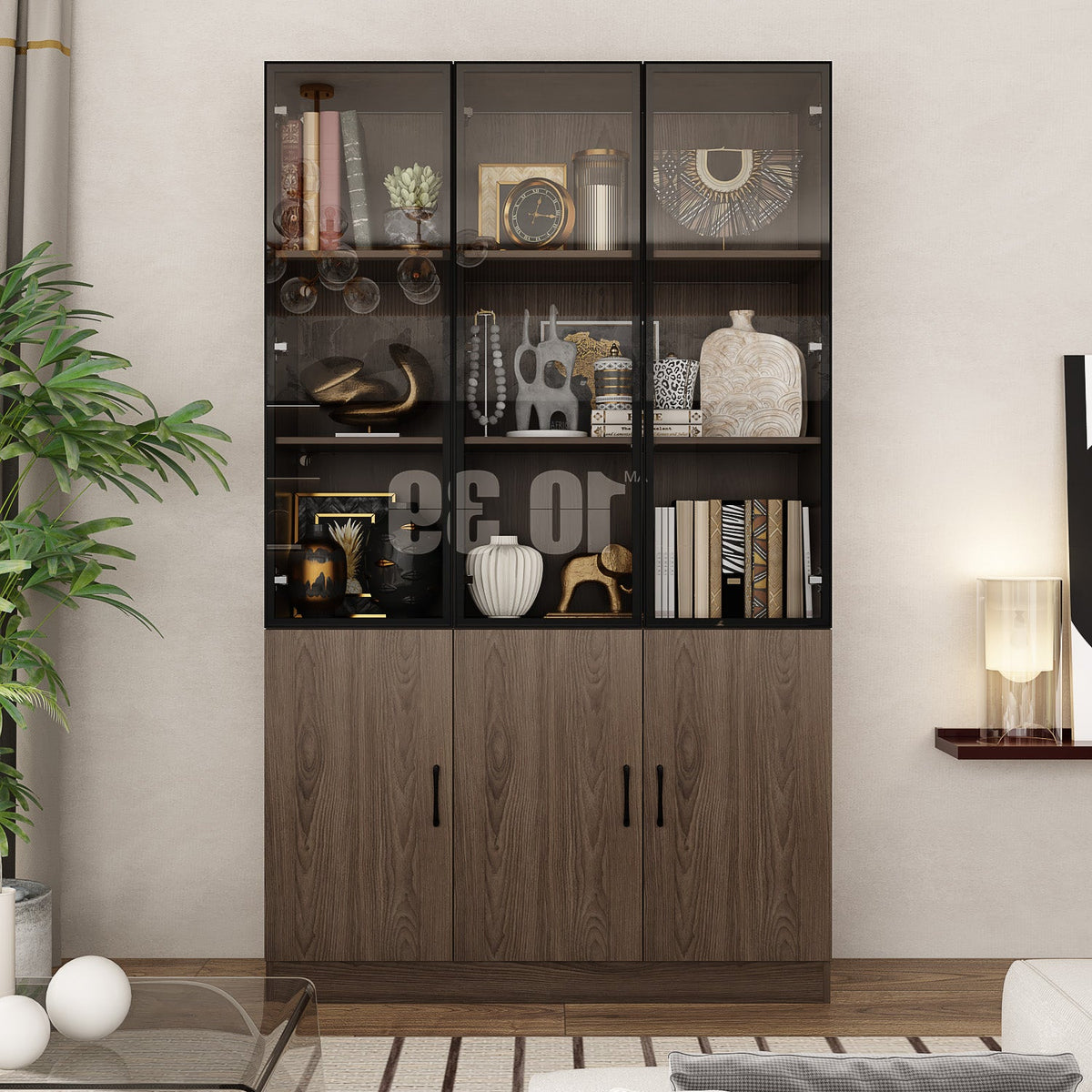47 inches Modern Brown Display Cases With Glass Door, Adjustable Lighting