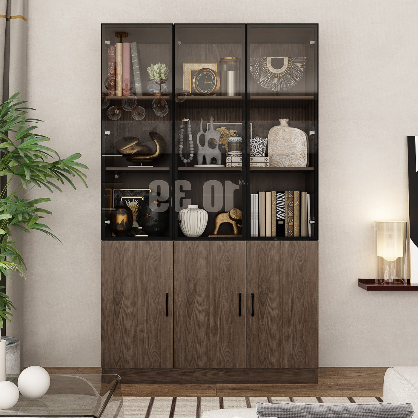 Geyma 47" Modern Brown Display Cabinets with Glass Door and Adjustable Lighting