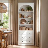 White display cabinet with open shelves, 3 drawers, and labeled dimensions diagram