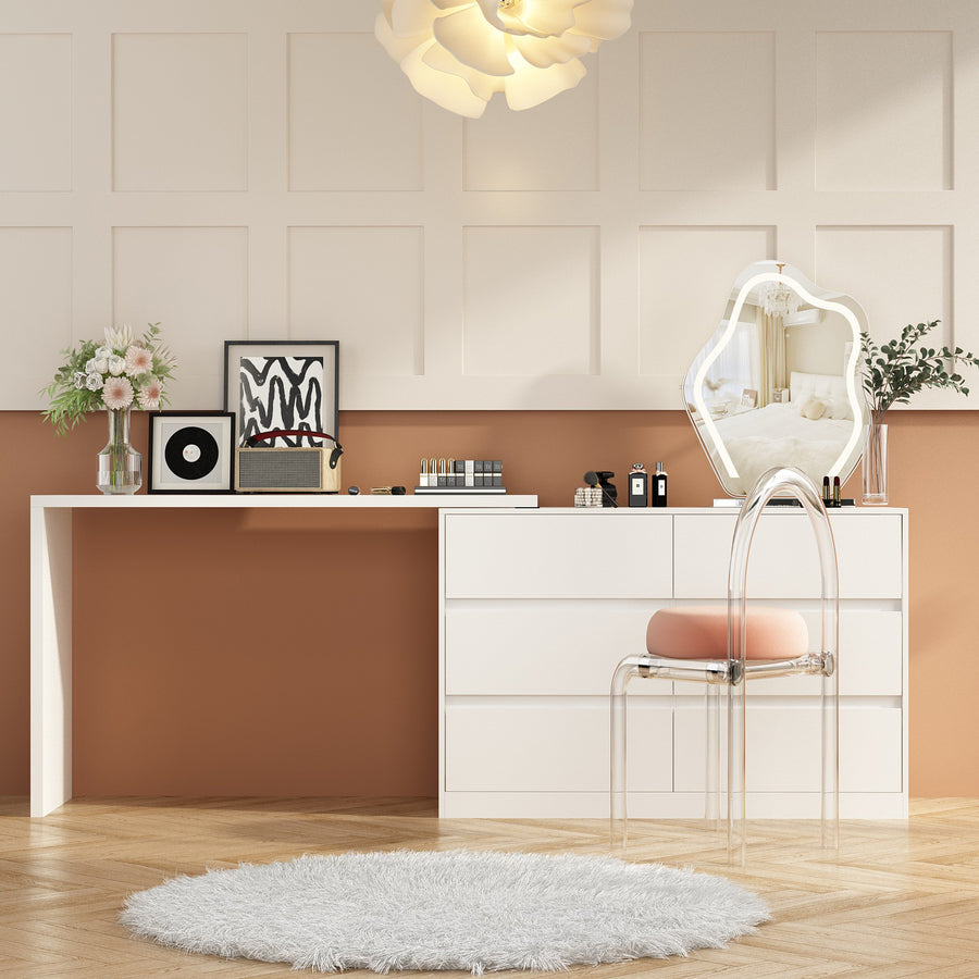 51.2" Modern Minimalist White/Black L-Shaped Rotatable Dresser Writing Table with 6 Drawers