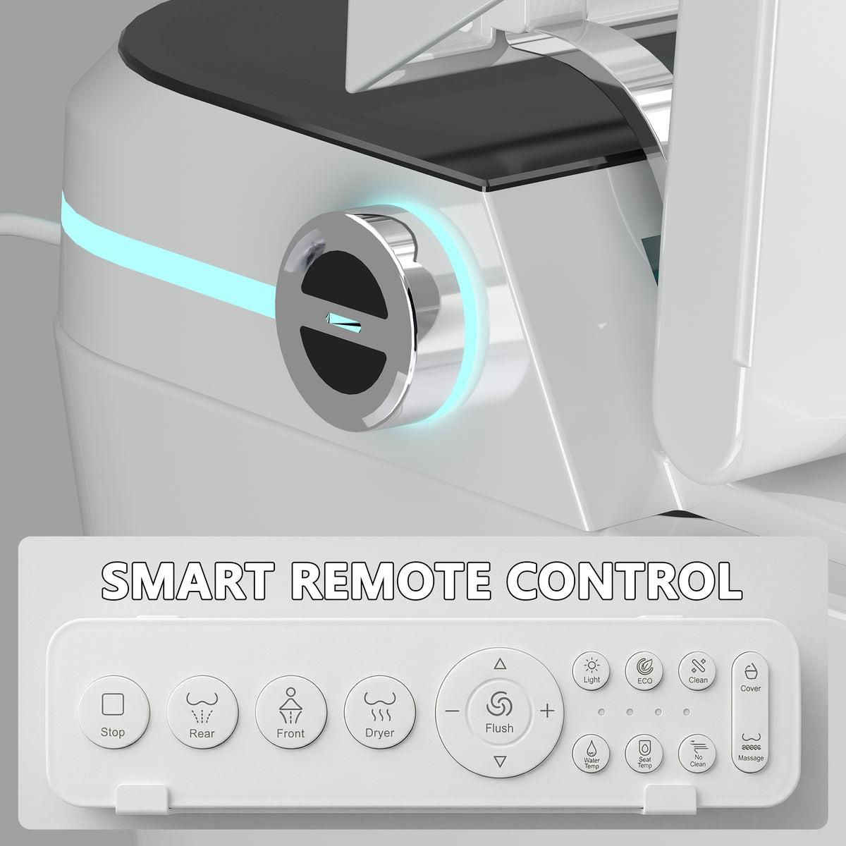 White smart toilet with compact one-piece design and side control knob