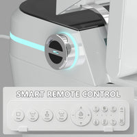 White smart toilet with compact one-piece design and side control knob