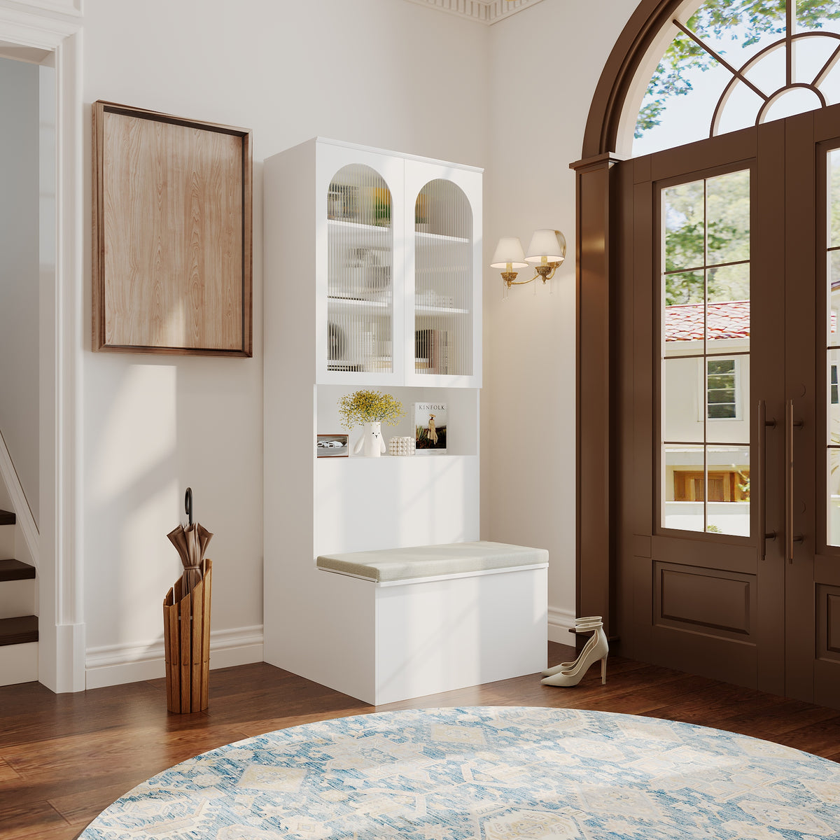 31.5" Modern White Entryway Storage Bench with Cabinet and Upholstered Seat